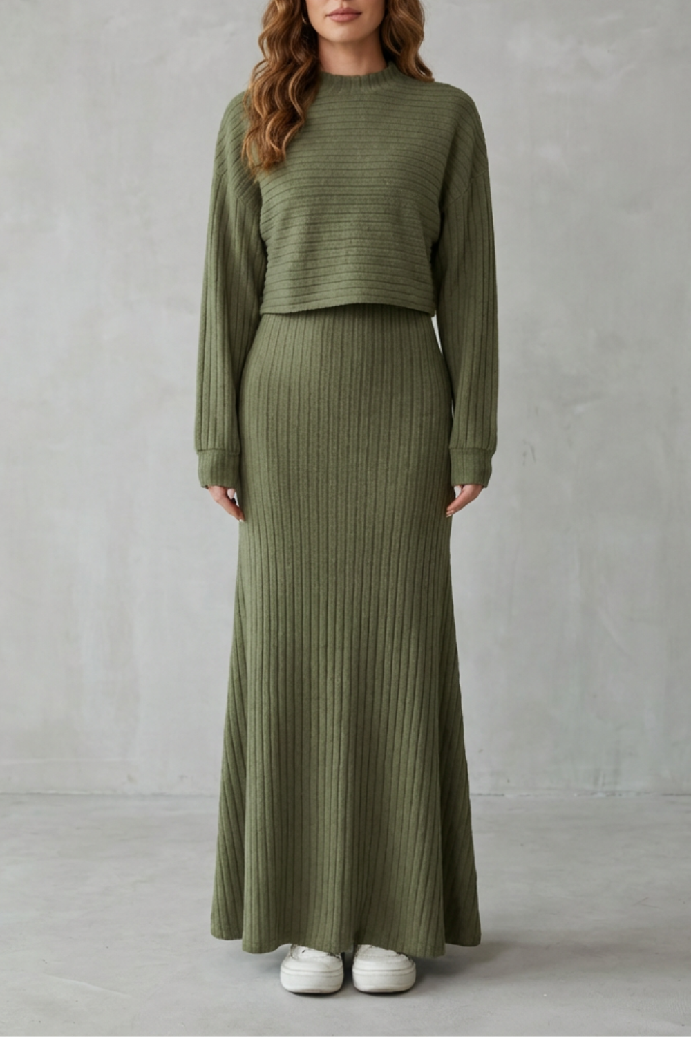 2-in-1 Ribbed Knit Set Maxi Dress & Cropped Pullover