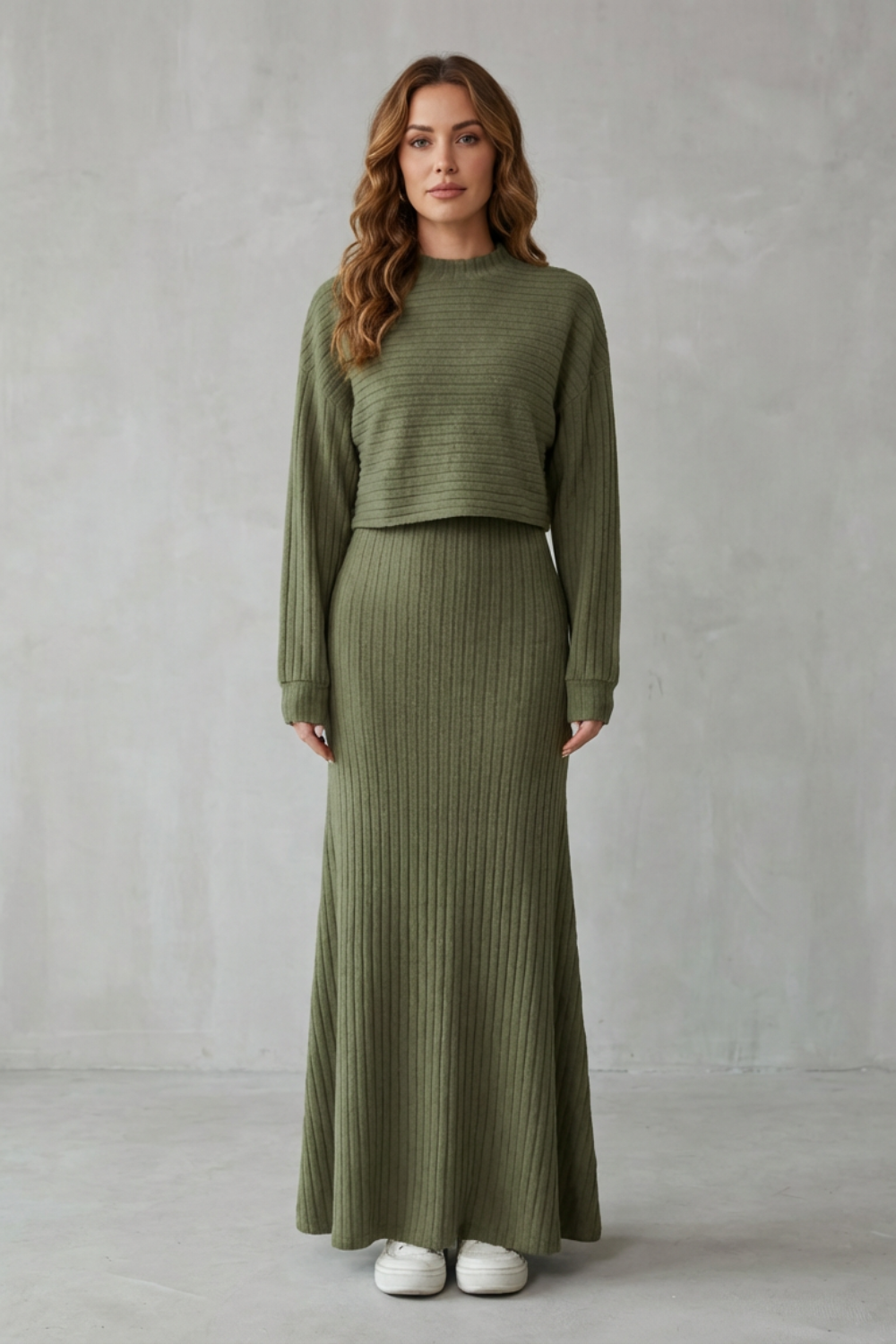 2-in-1 Ribbed Knit Set Maxi Dress & Cropped Pullover