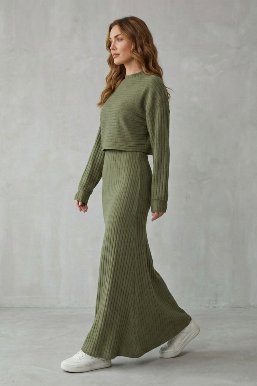 2-in-1 Ribbed Knit Set Maxi Dress & Cropped Pullover