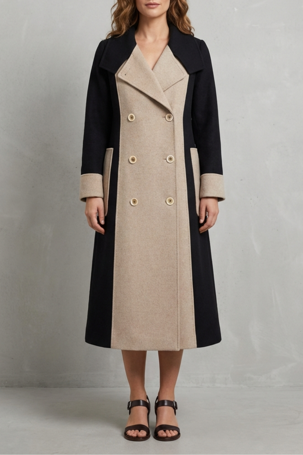 Contrast Color Wool Coat Hepburn Style Elegant Overcoat