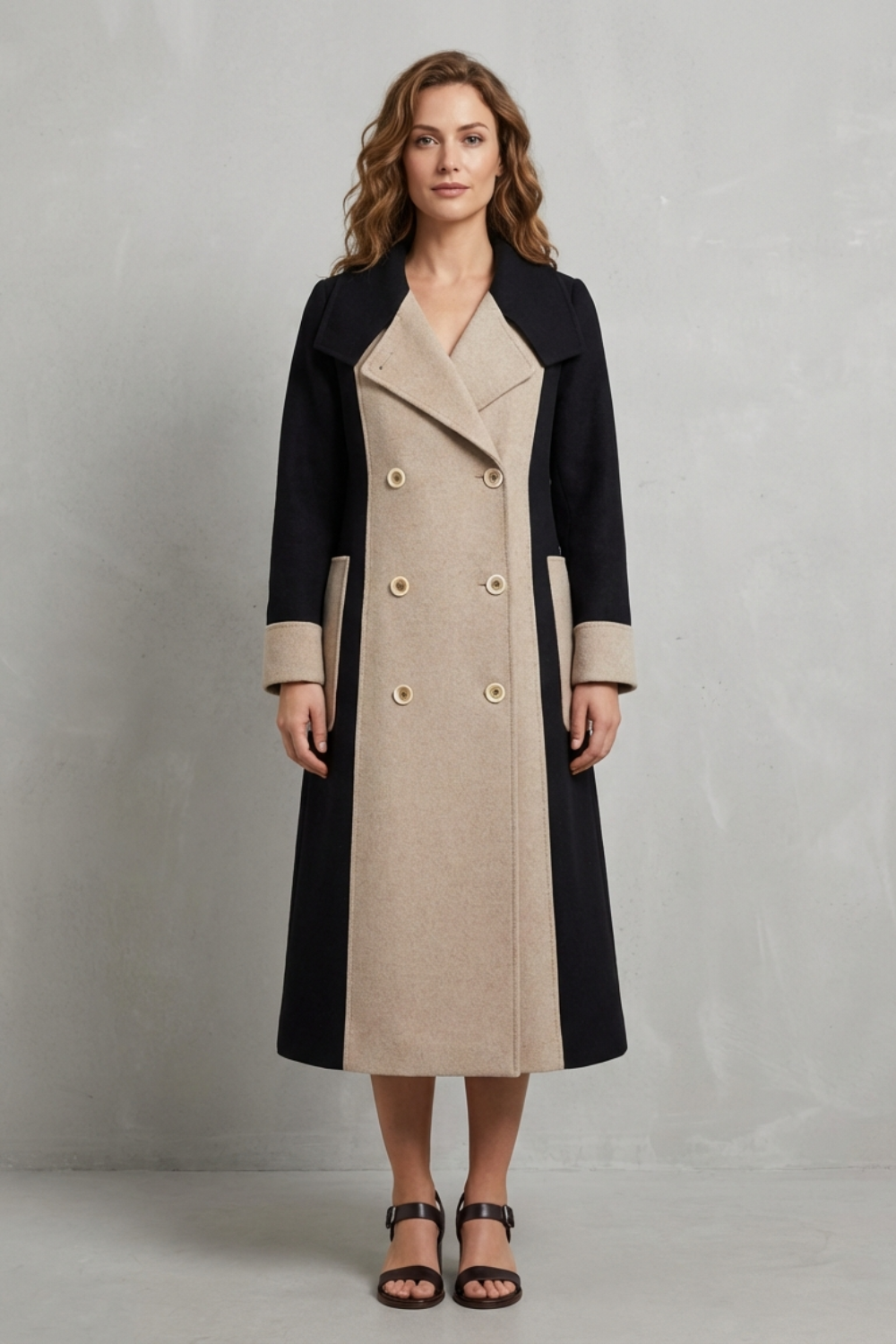 Contrast Color Wool Coat Hepburn Style Elegant Overcoat