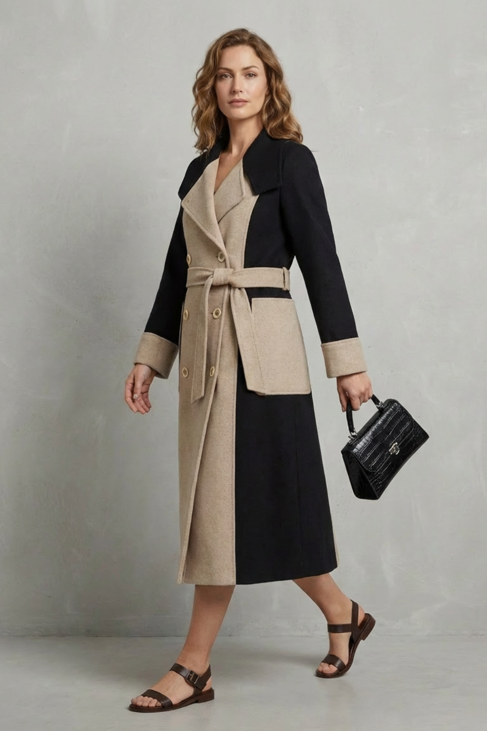 Contrast Color Wool Coat Hepburn Style Elegant Overcoat