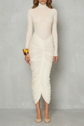 Sculpted Elegance Women’s High Neck Ruched Midi Dress