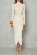 Sculpted Elegance Women’s High Neck Ruched Midi Dress