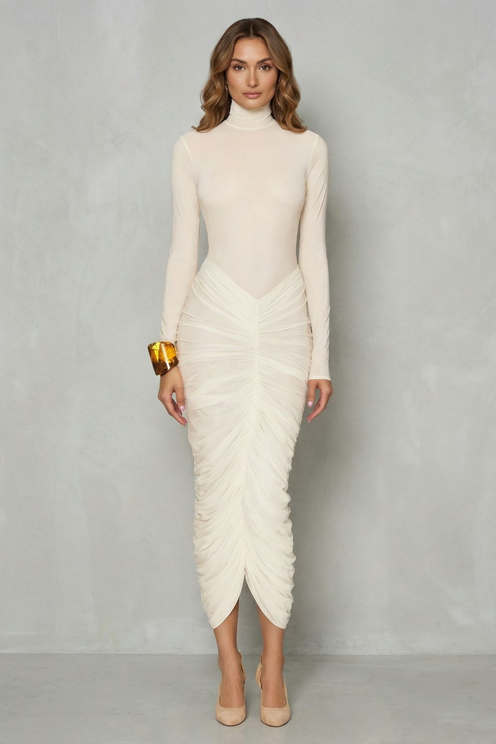 Sculpted Elegance Women’s High Neck Ruched Midi Dress