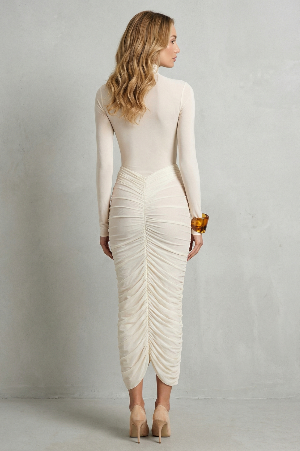 Sculpted Elegance Women’s High Neck Ruched Midi Dress