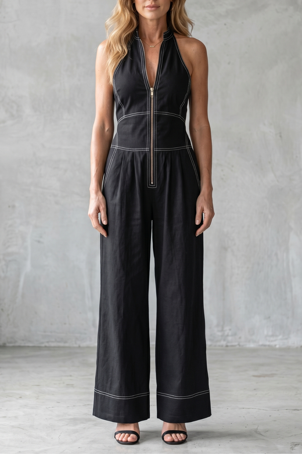 Contrast stitch utility | Wide-leg jumpsuit - Black
