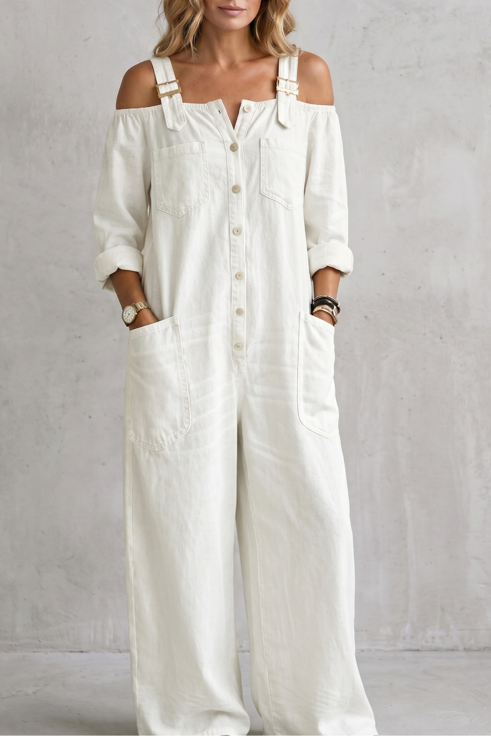 Off-shoulder utility charm | Wide-leg overalls
