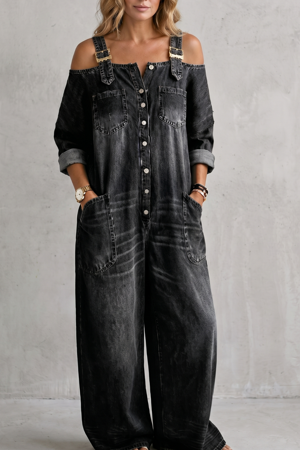Off-shoulder utility charm | Wide-leg overalls