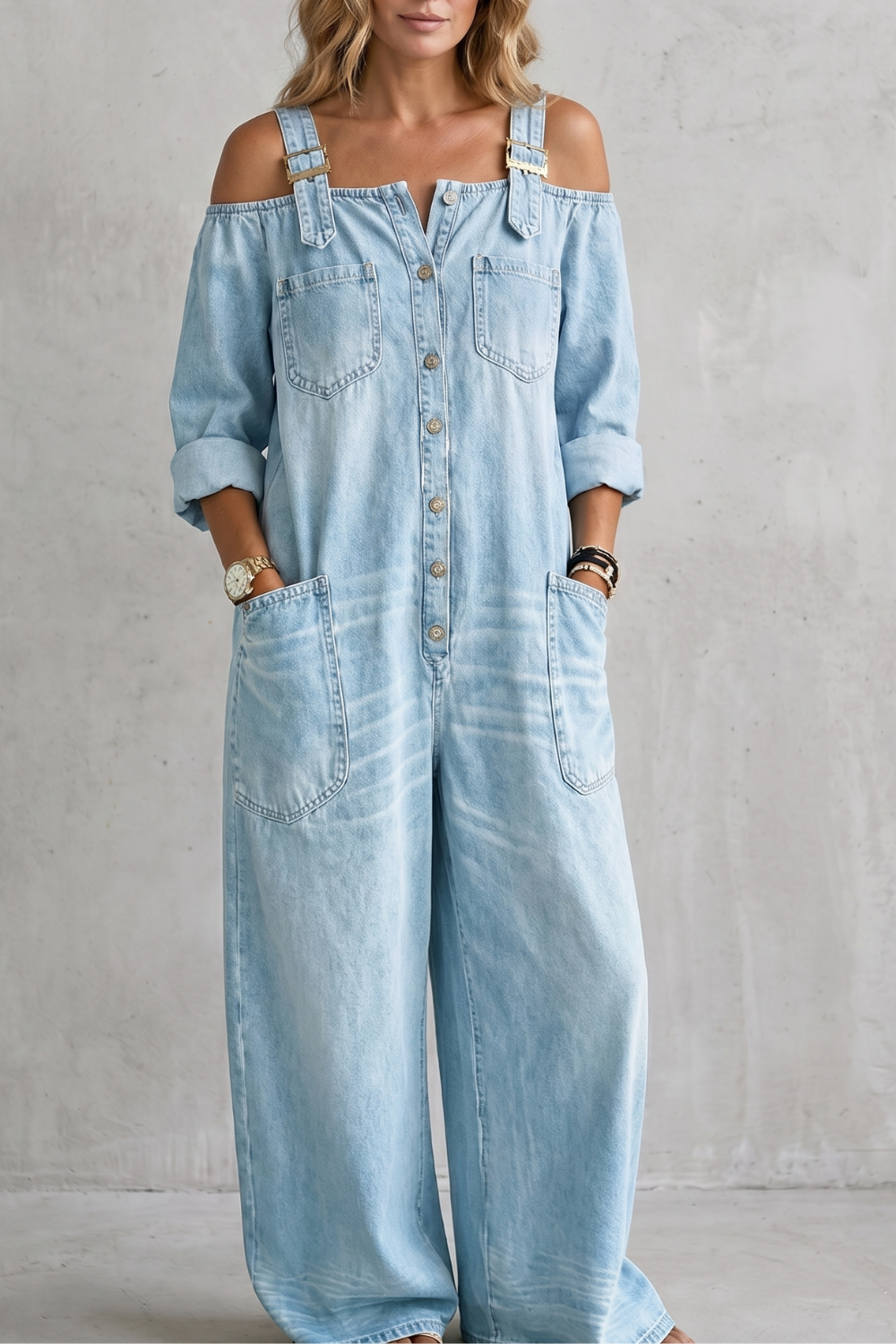 Off-shoulder utility charm | Wide-leg overalls