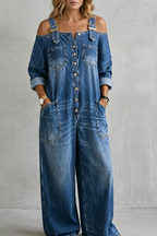 Denimora – Off-shoulder utility charm – Wide-leg overalls