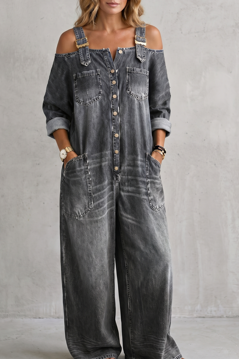 Off-shoulder utility charm | Wide-leg overalls