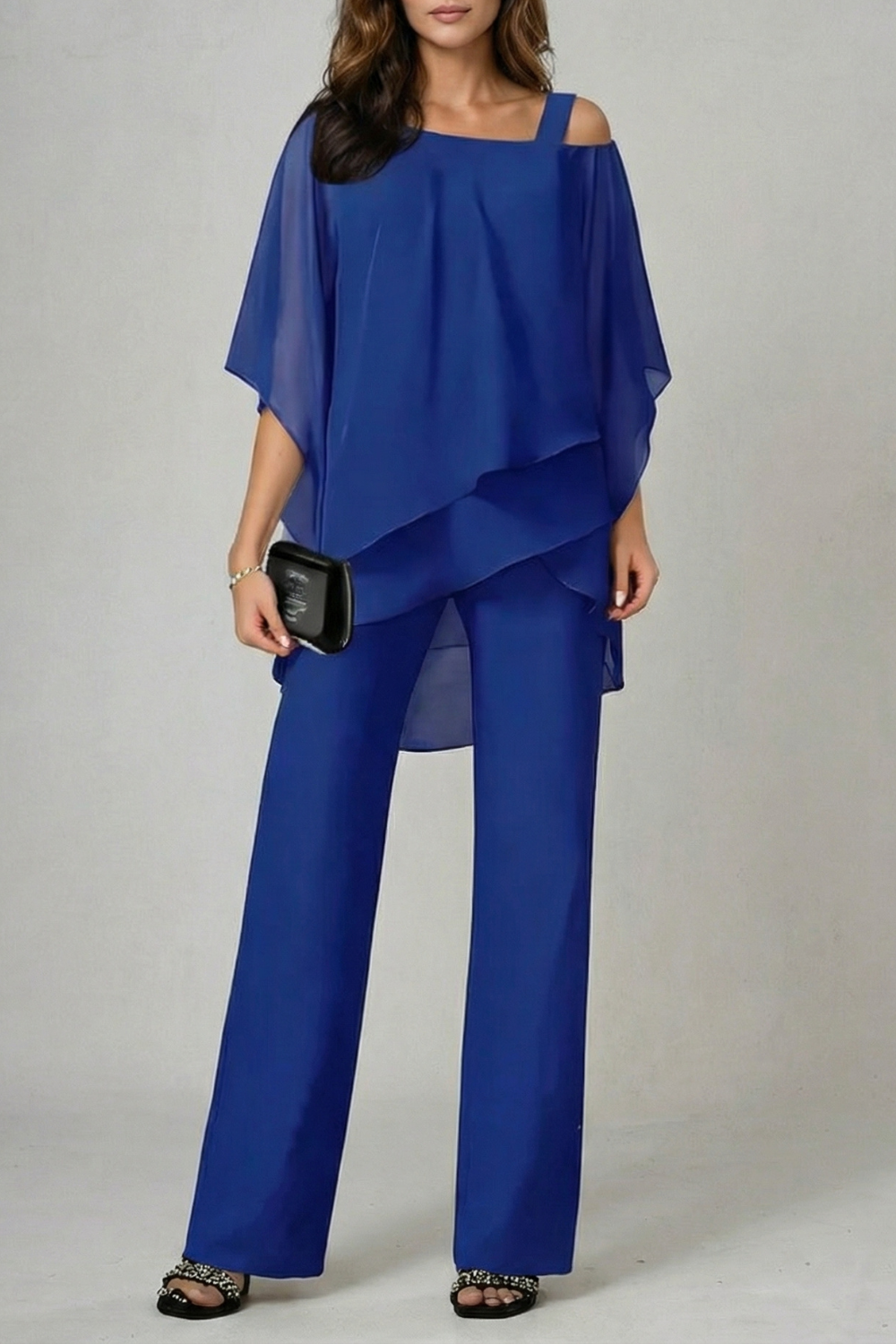 Asymmetric Chiffon Flow Top And Trouser Set