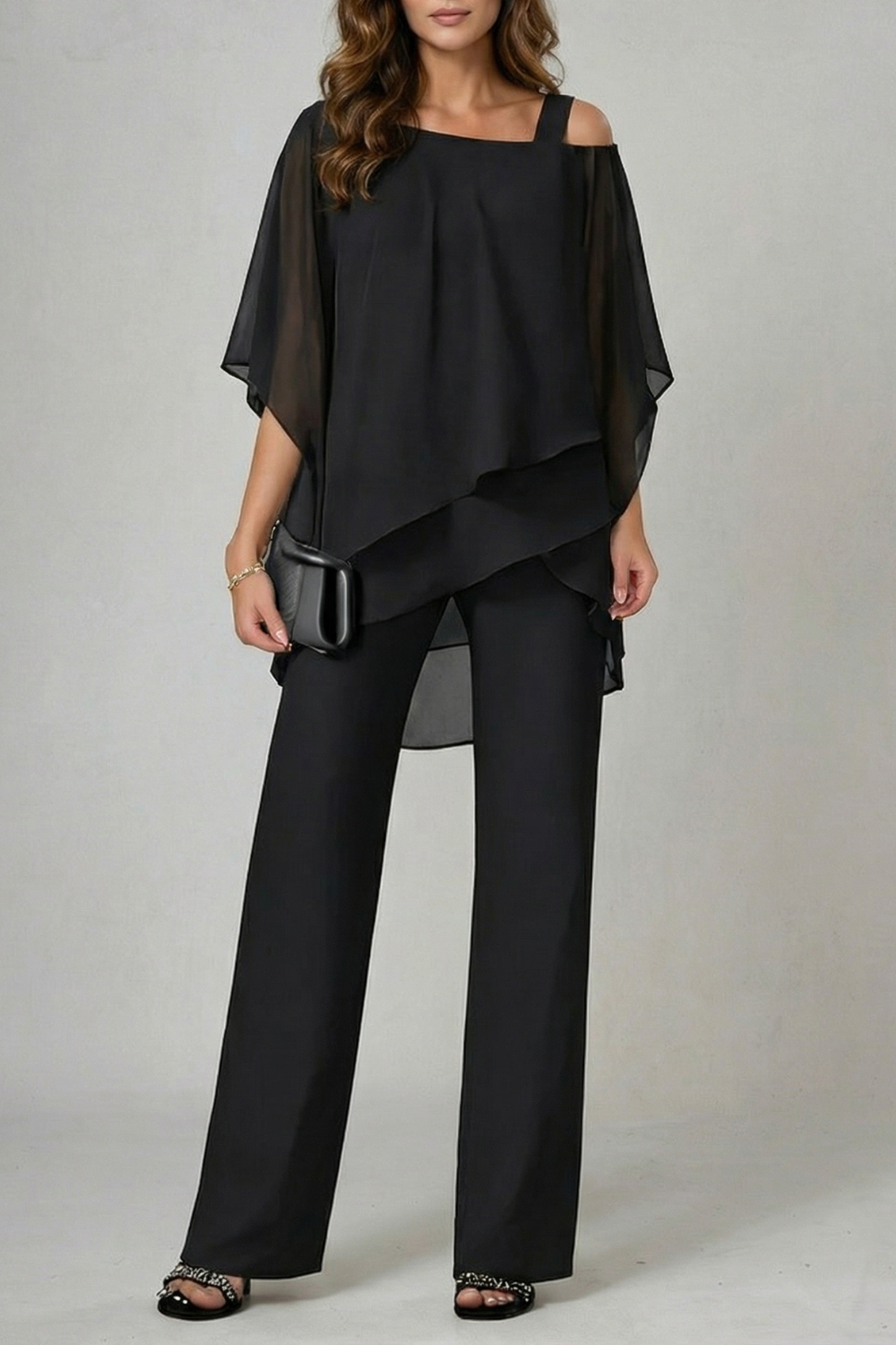Asymmetric Chiffon Flow Top And Trouser Set