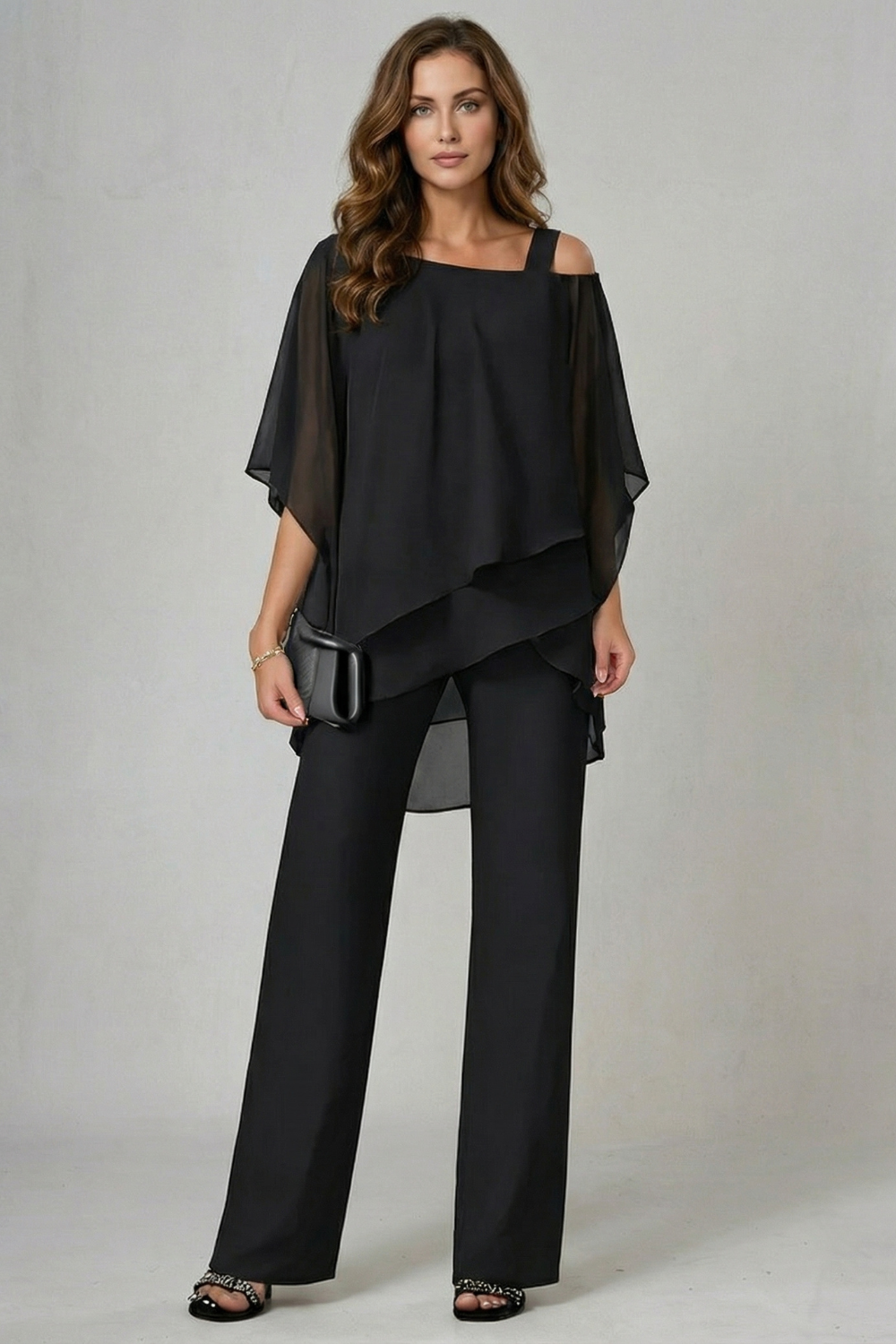 Asymmetric Chiffon Flow Top And Trouser Set
