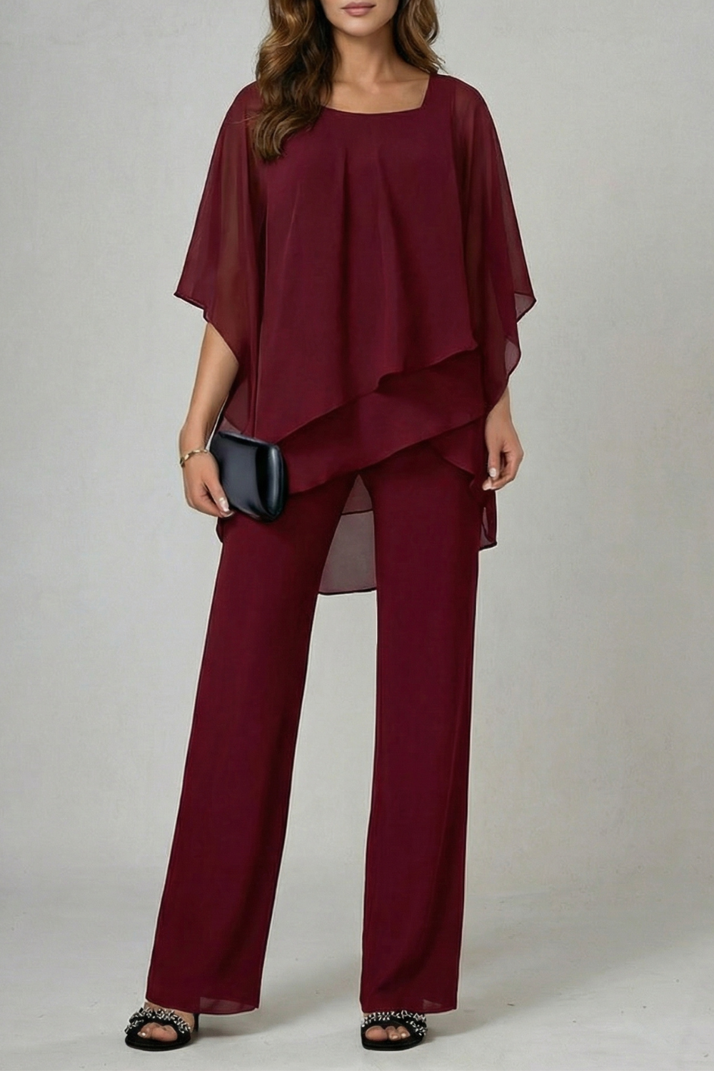 Asymmetric Chiffon Flow Top And Trouser Set