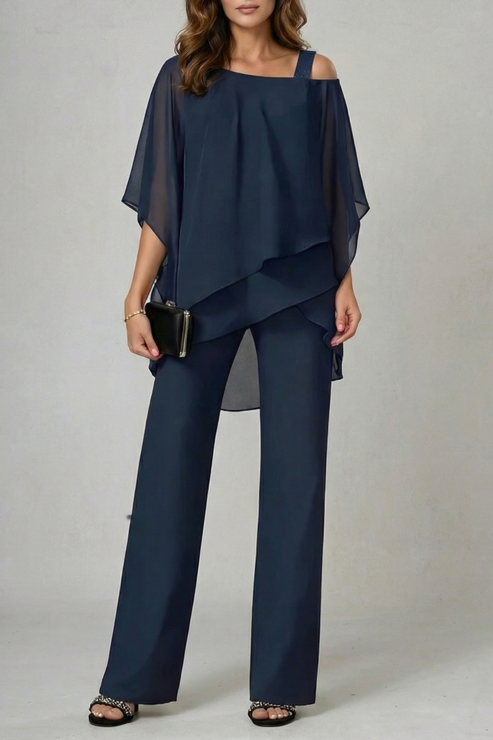 Asymmetric Chiffon Flow Top And Trouser Set