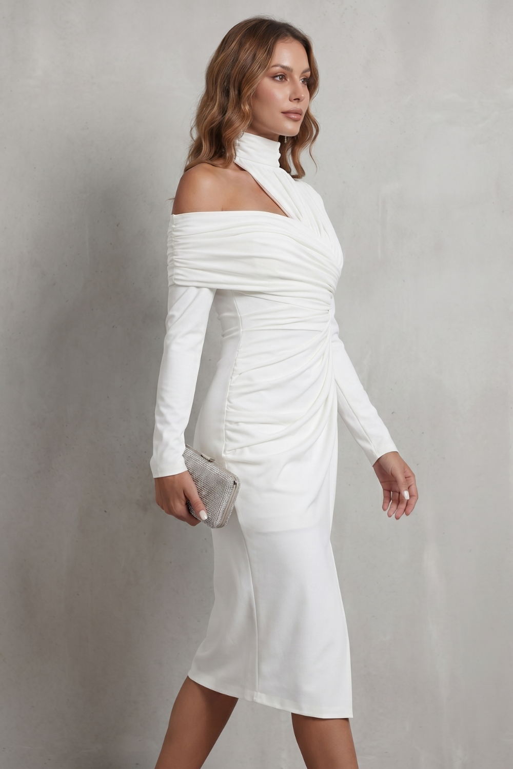 Draped Couture Elegance Midi Dress