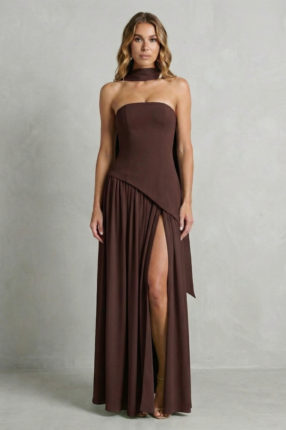 Asymmetric Drape Accent Strapless Formal Gown