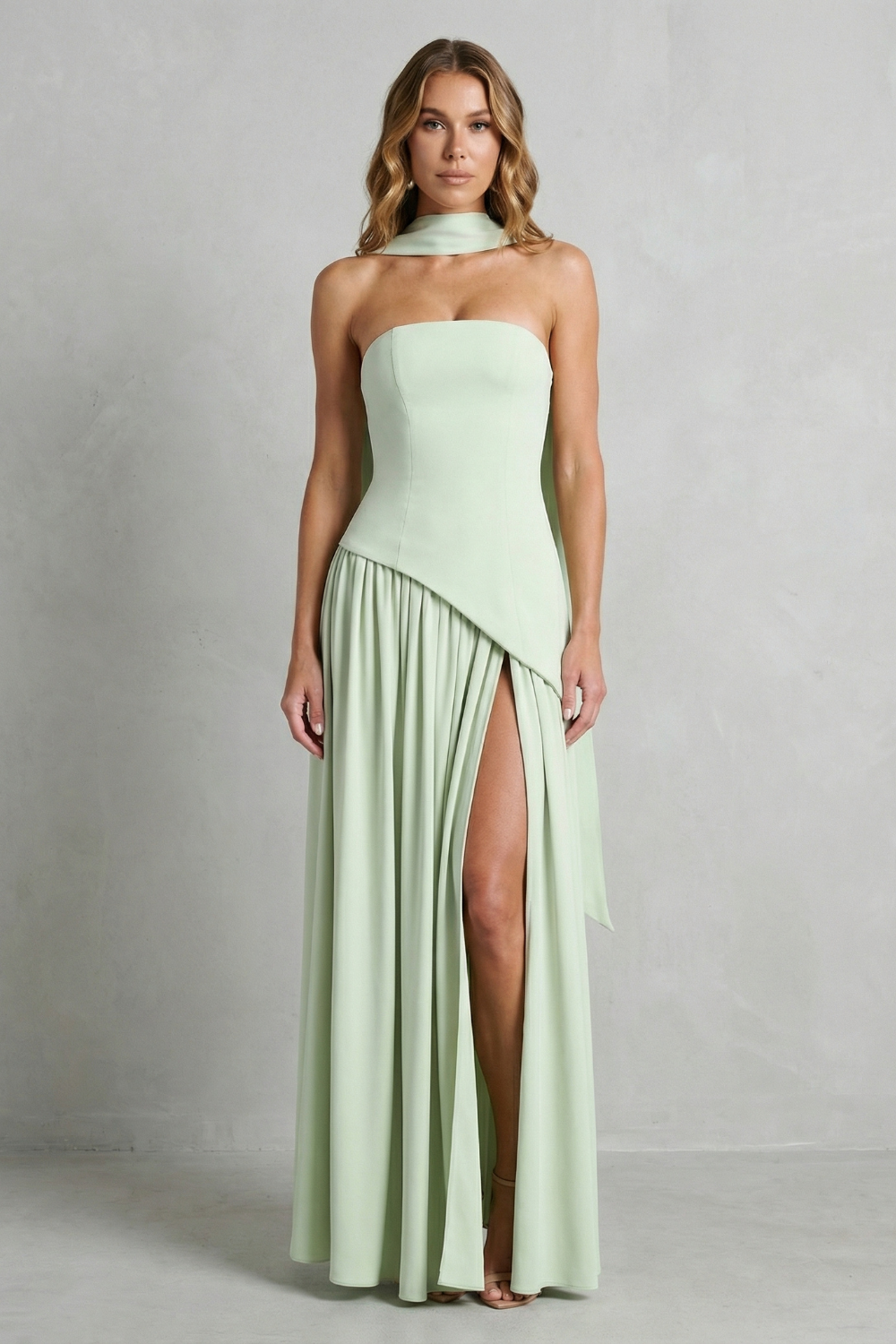 Asymmetric Drape Accent Strapless Formal Gown