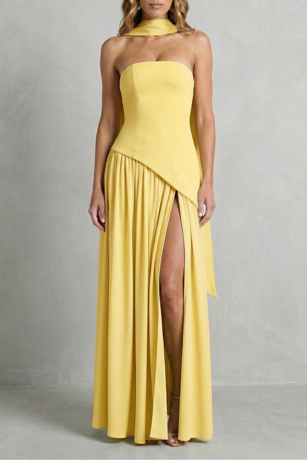 Asymmetric Drape Accent Strapless Formal Gown