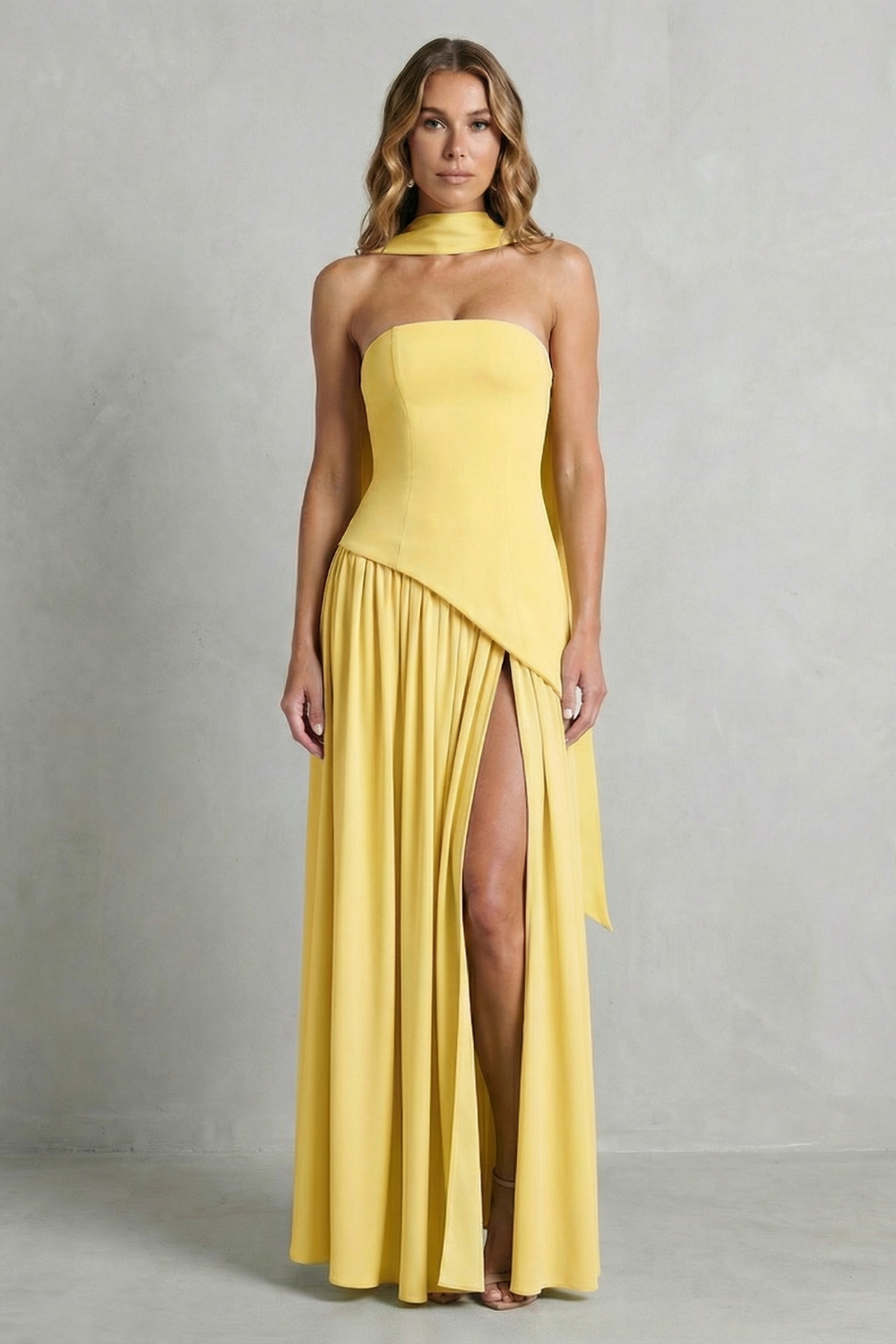 Asymmetric Drape Accent Strapless Formal Gown