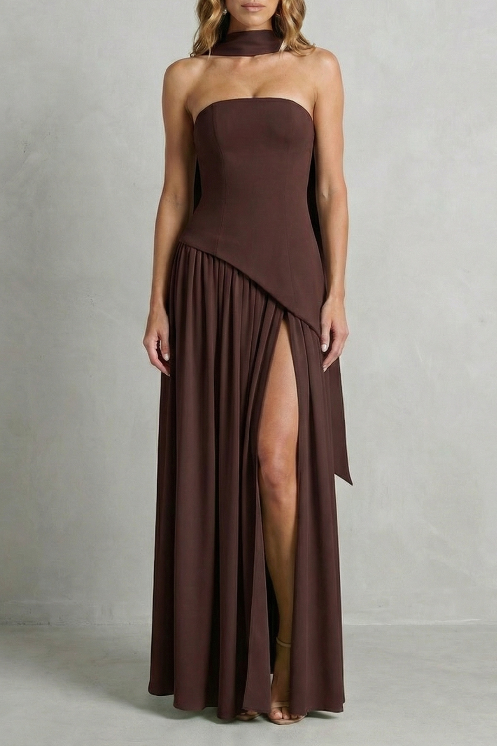 Asymmetric Drape Accent Strapless Formal Gown