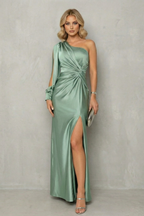 Draped Waist Elegance One Shoulder Slit Maxi Dress