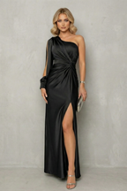 Draped Waist Elegance One Shoulder Slit Maxi Dress
