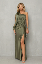 Draped Waist Elegance One Shoulder Slit Maxi Dress