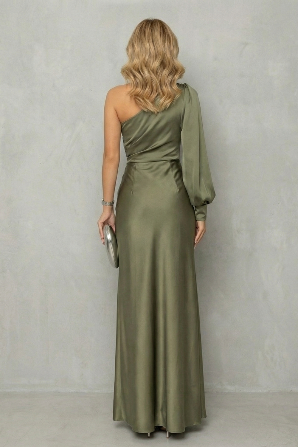 Draped Waist Elegance One Shoulder Slit Maxi Dress