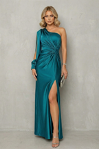 Draped Waist Elegance One Shoulder Slit Maxi Dress