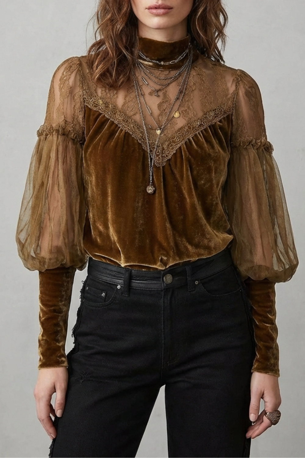 Sheer Lace Detail Velvet Turtleneck Blouse