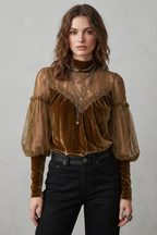 Sheer Lace Detail Velvet Turtleneck Blouse