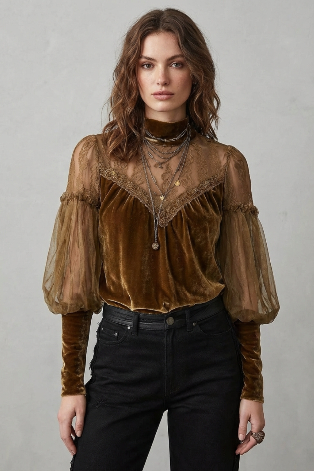 Sheer Lace Detail Velvet Turtleneck Blouse
