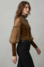Sheer Lace Detail Velvet Turtleneck Blouse
