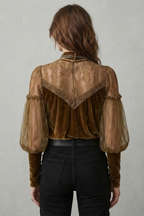 Sheer Lace Detail Velvet Turtleneck Blouse