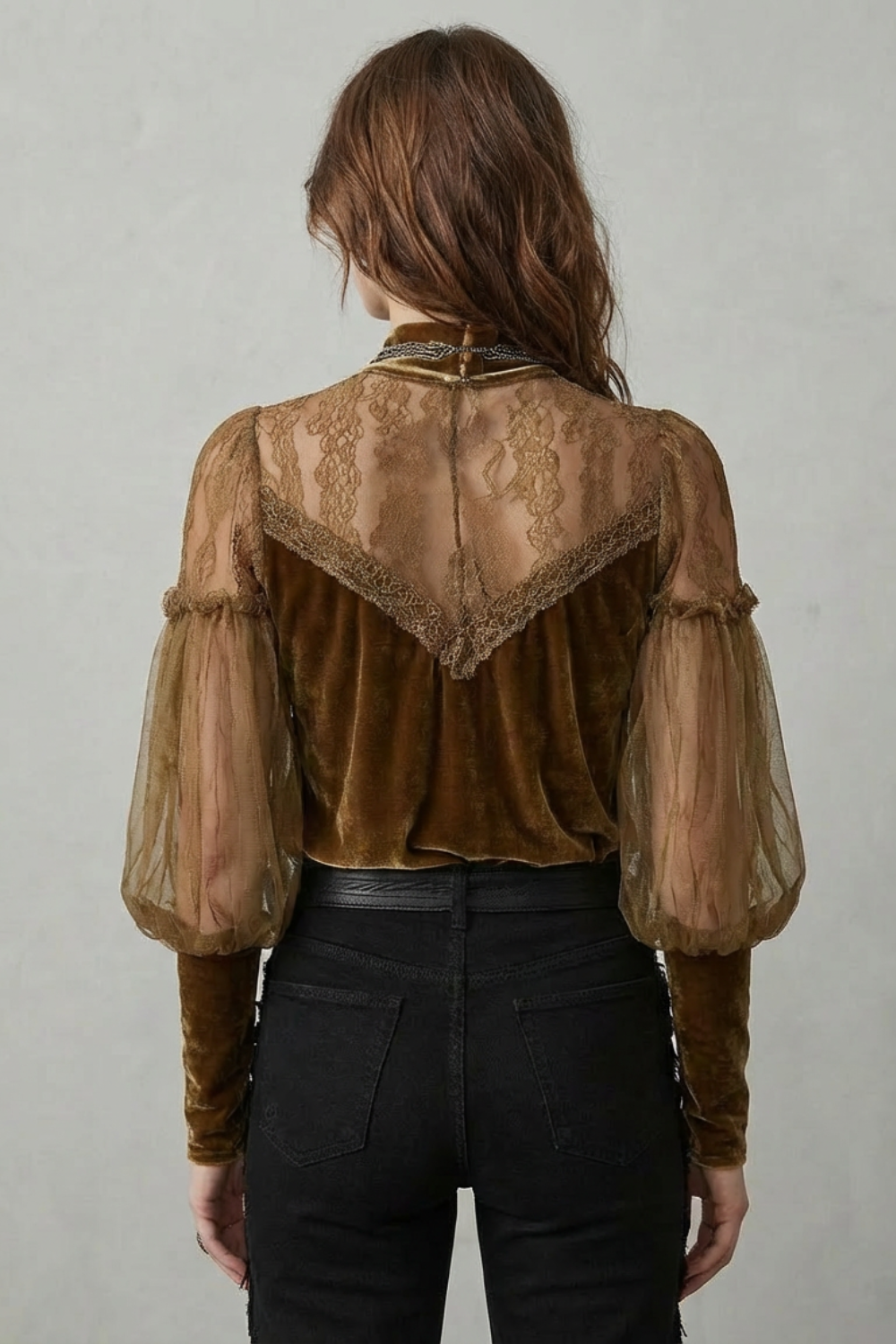 Sheer Lace Detail Velvet Turtleneck Blouse