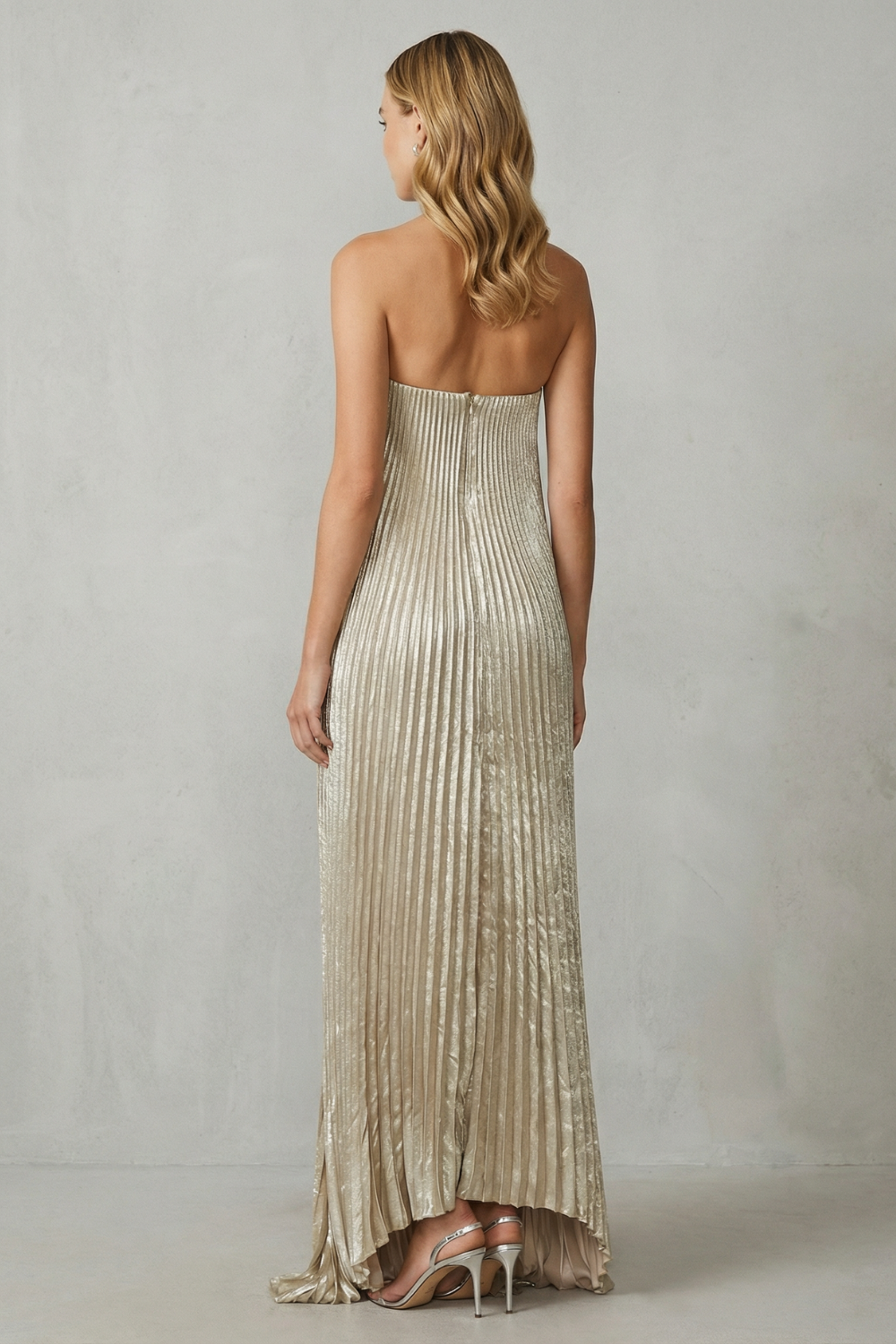 Luminous Pleated Flow Strapless Metallic Gown