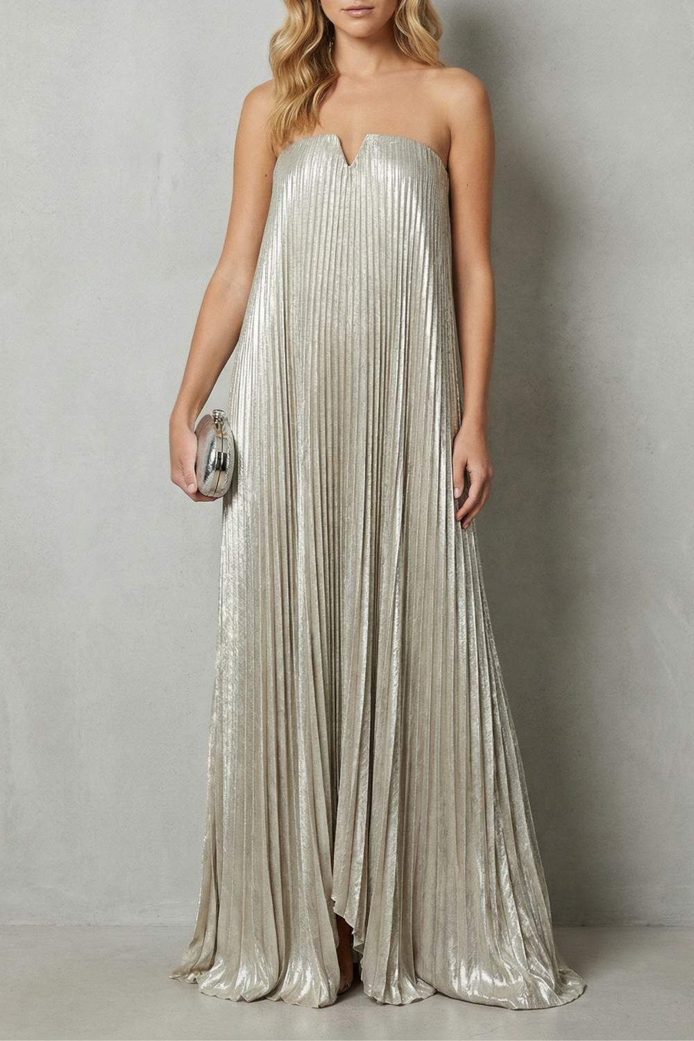 Luminous Pleated Flow Strapless Metallic Gown