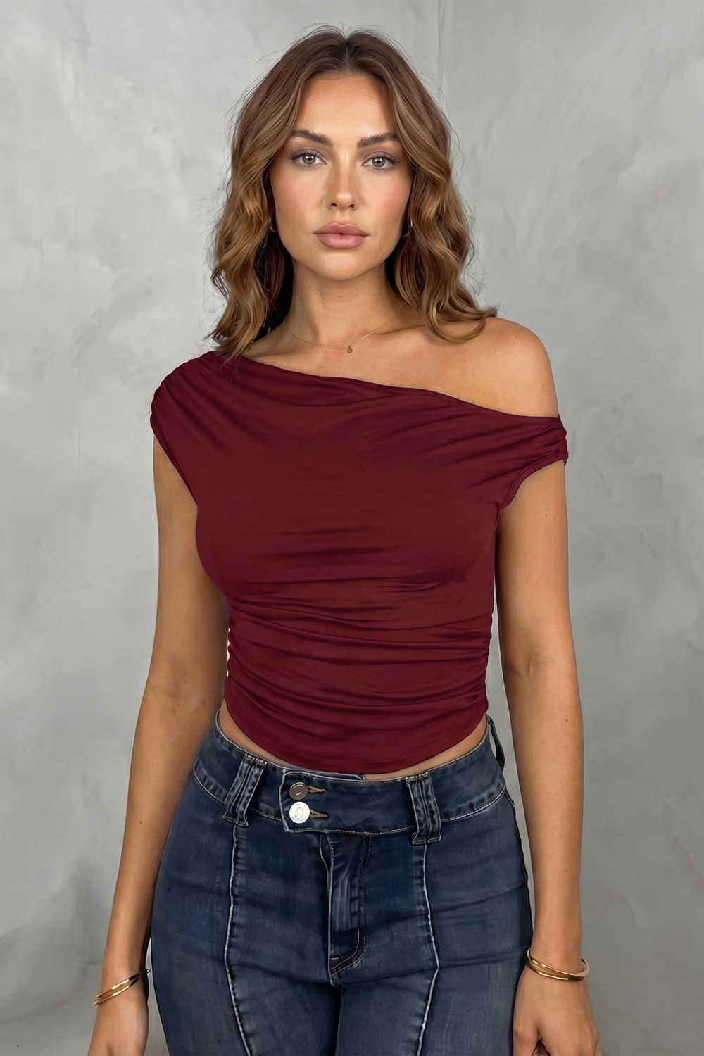 Asymmetric Ruched Silhouette One Shoulder Top