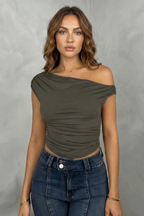 Asymmetric Ruched Silhouette One Shoulder Top