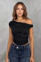 Asymmetric Ruched Silhouette One Shoulder Top