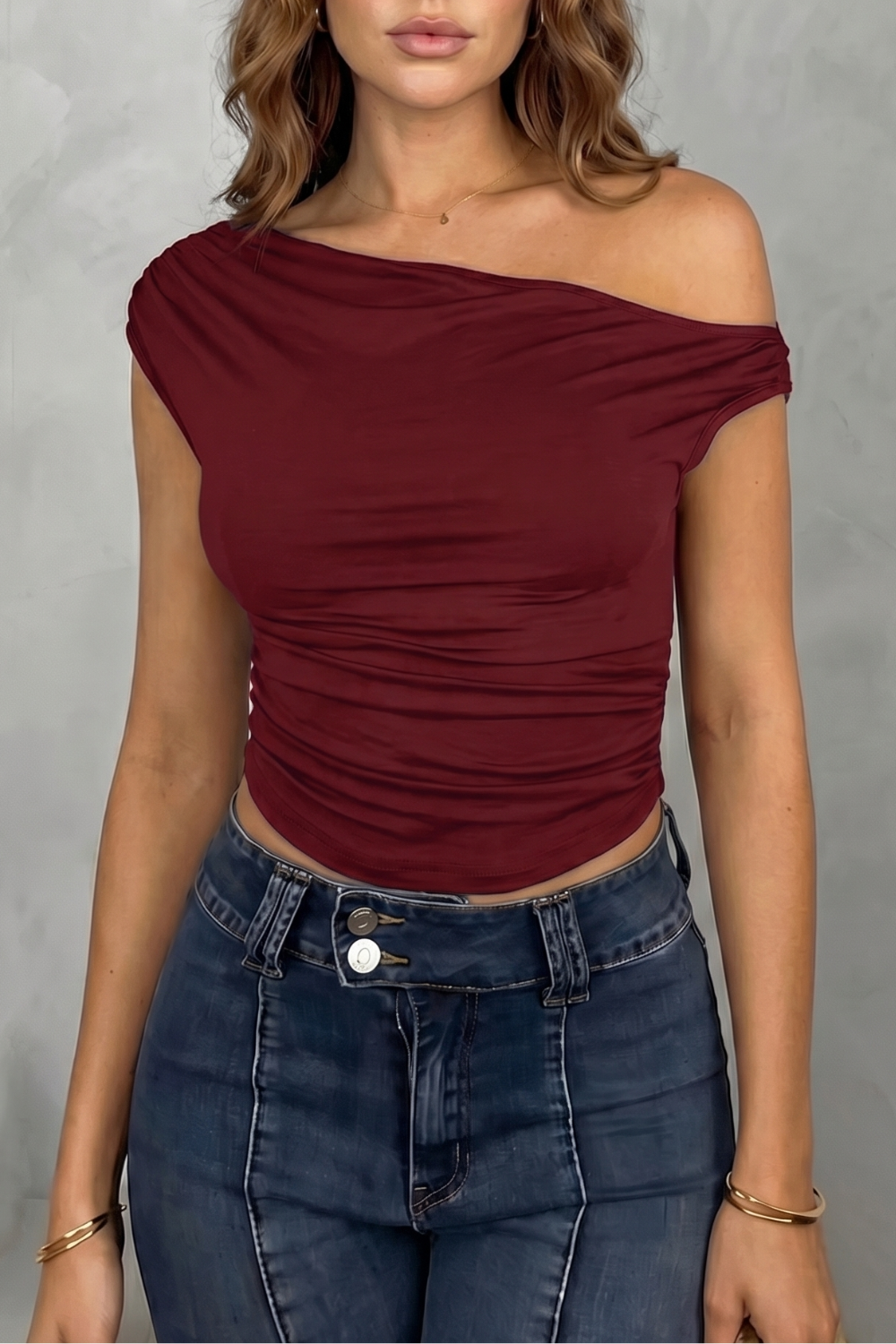 Asymmetric Ruched Silhouette One Shoulder Top
