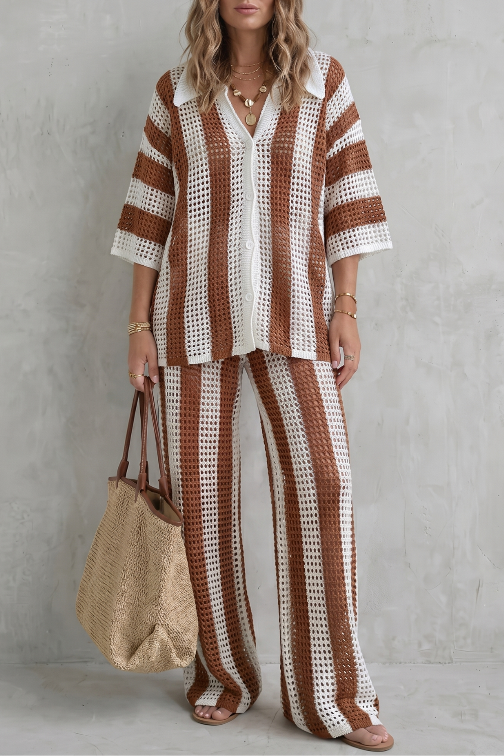 Striped Crochet Texture Summer Co-ord Set