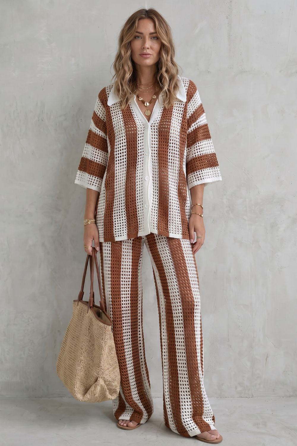 Striped Crochet Texture Summer Co-ord Set