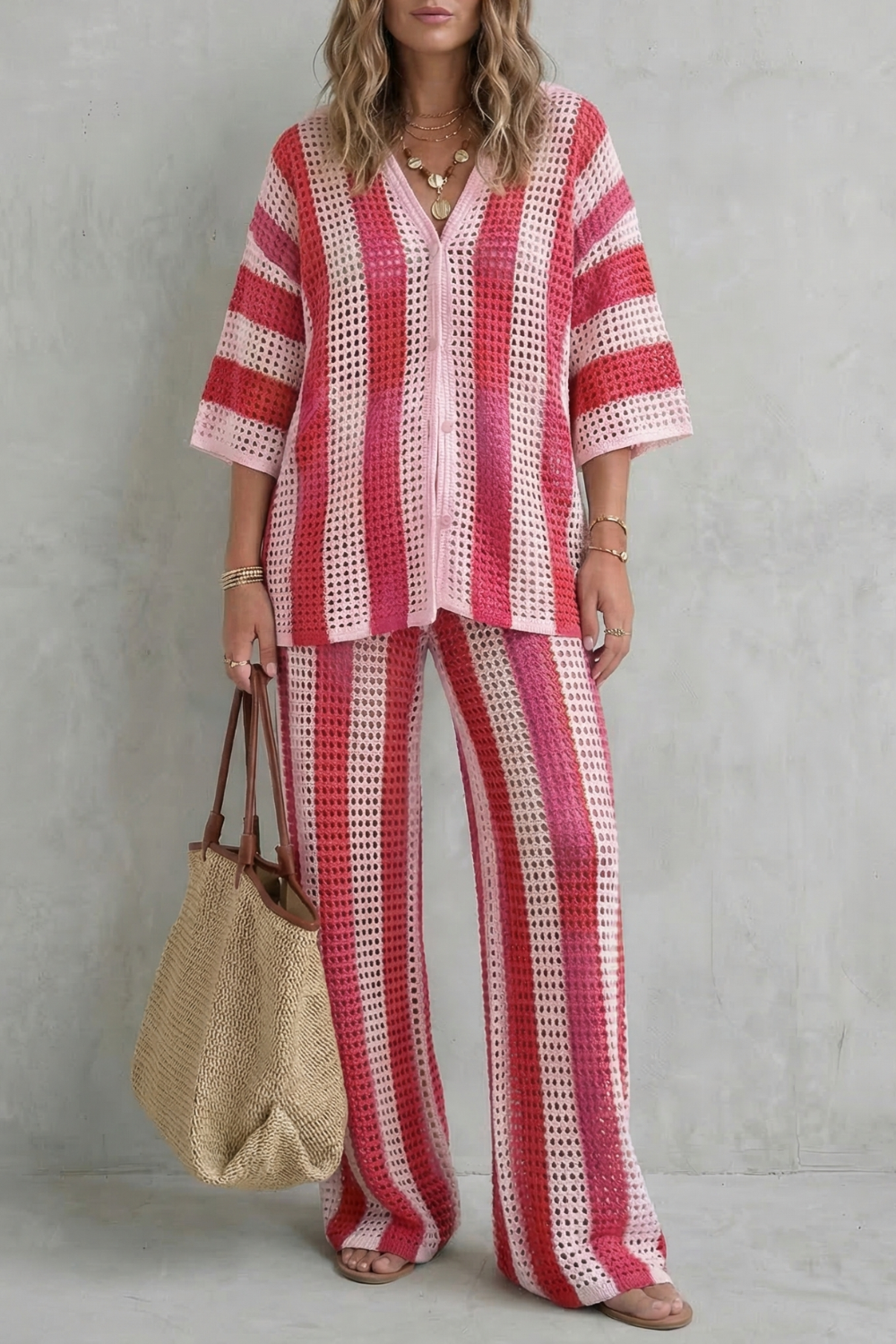 Striped Crochet Texture Summer Co-ord Set