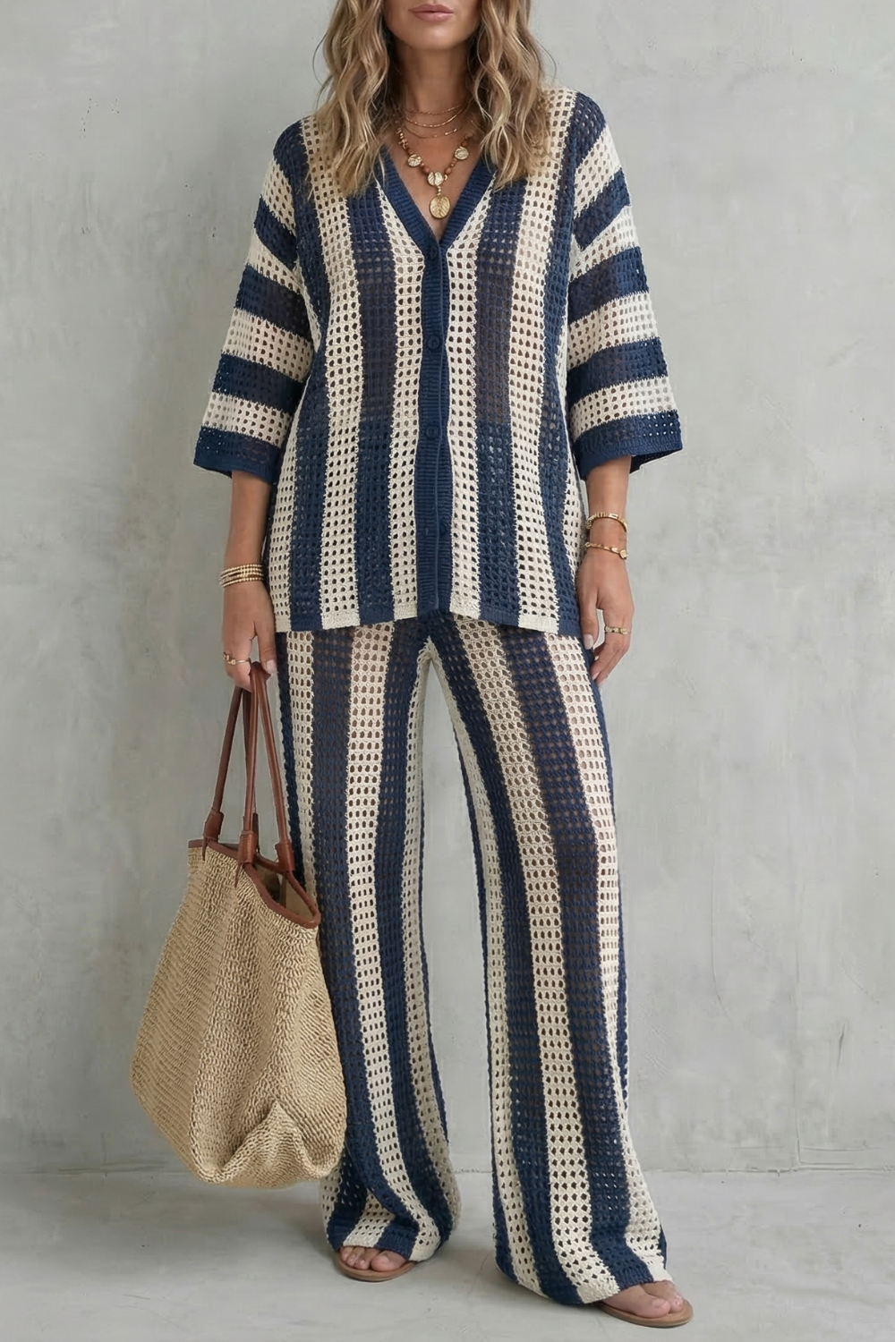 Striped Crochet Texture Summer Co-ord Set