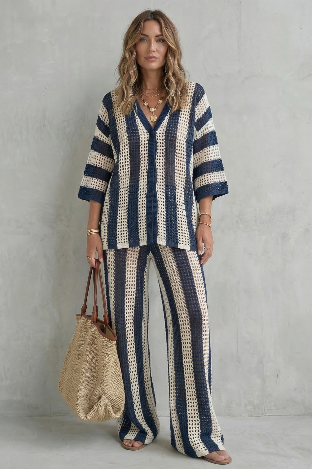 Striped Crochet Texture Summer Co-ord Set