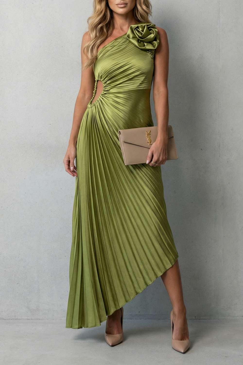 Statement Elegance Women’s One-Shoulder Pleated Maxi Dress